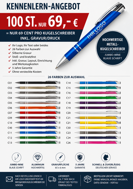 100 Stück nur 69,- Euro! Kennenlern-Angebot. Die beliebten Metall-Kugelschreiber mit Werbung.